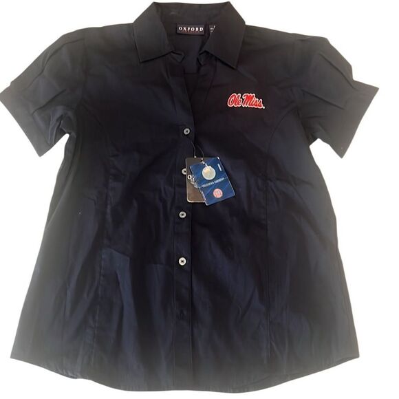 Ole Miss Navy Button Up Short Sleeves Cotton Blouse Women's Size Medium NWT - Picture 2 of 11